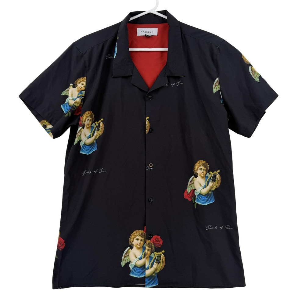 PacSun Shirt Mens Medium Saints Of Sin Black Angel Short Sleeve Button Up Casual